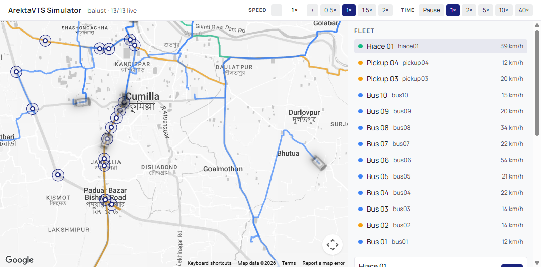 The simulator on the Cumilla roads, 13 of 13 live. Paduar Bazar is on the Tomsom corridor.