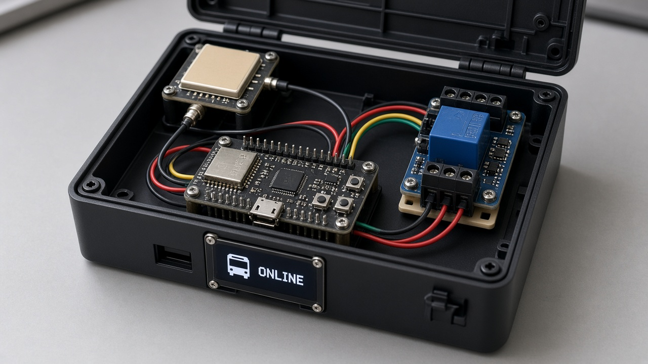 VTS unit on the bench: ESP32, GPS module, relay, and the OLED the driver sees.